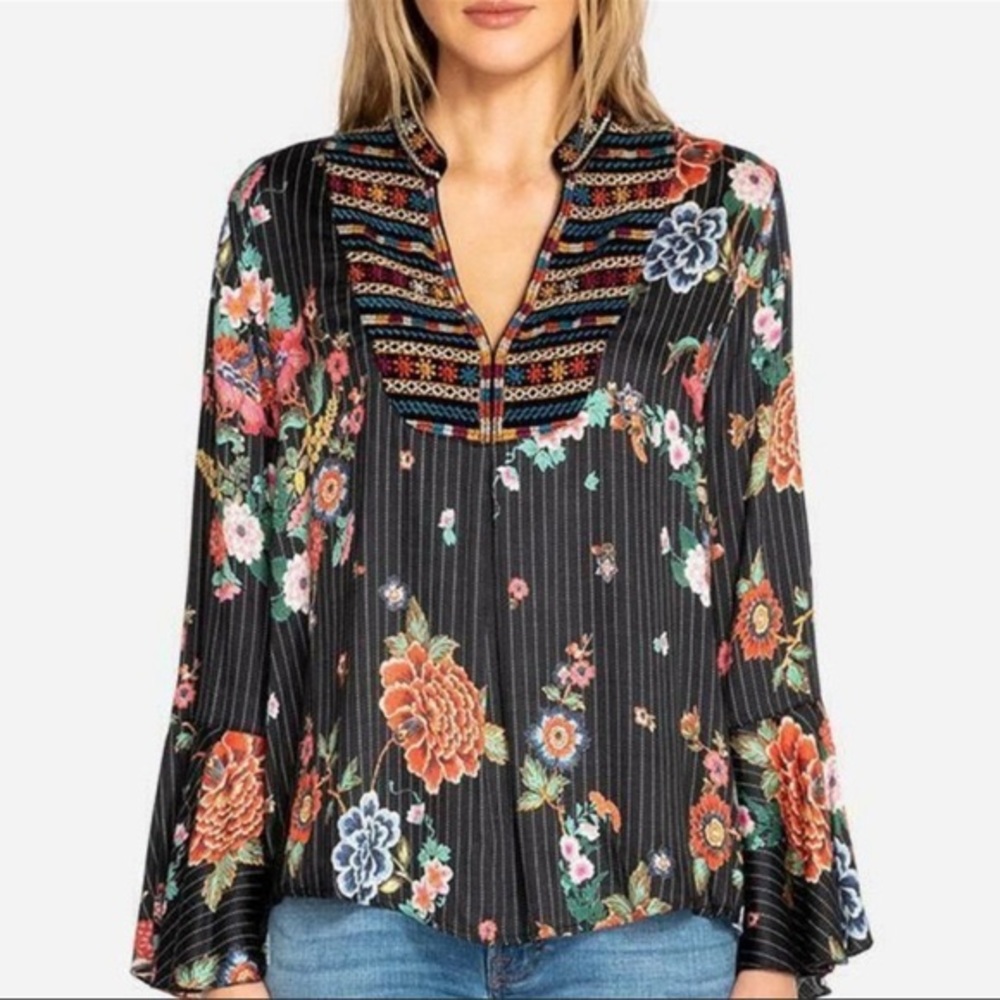 Johnny Was Velvet Mix Flare Sleeve Blouse